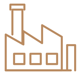 Brown factory outline icon with smokestack, roofline, three windows, and side structure