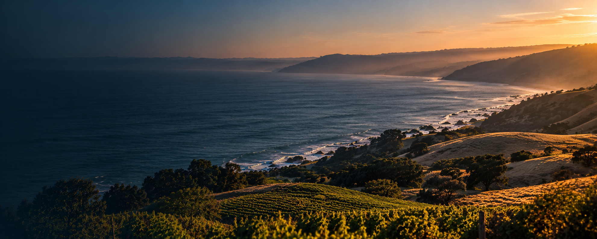 Aerial sunset view of a rugged coastline, ocean waves, sandy dunes, coastal hills, and sunlit vineyards.