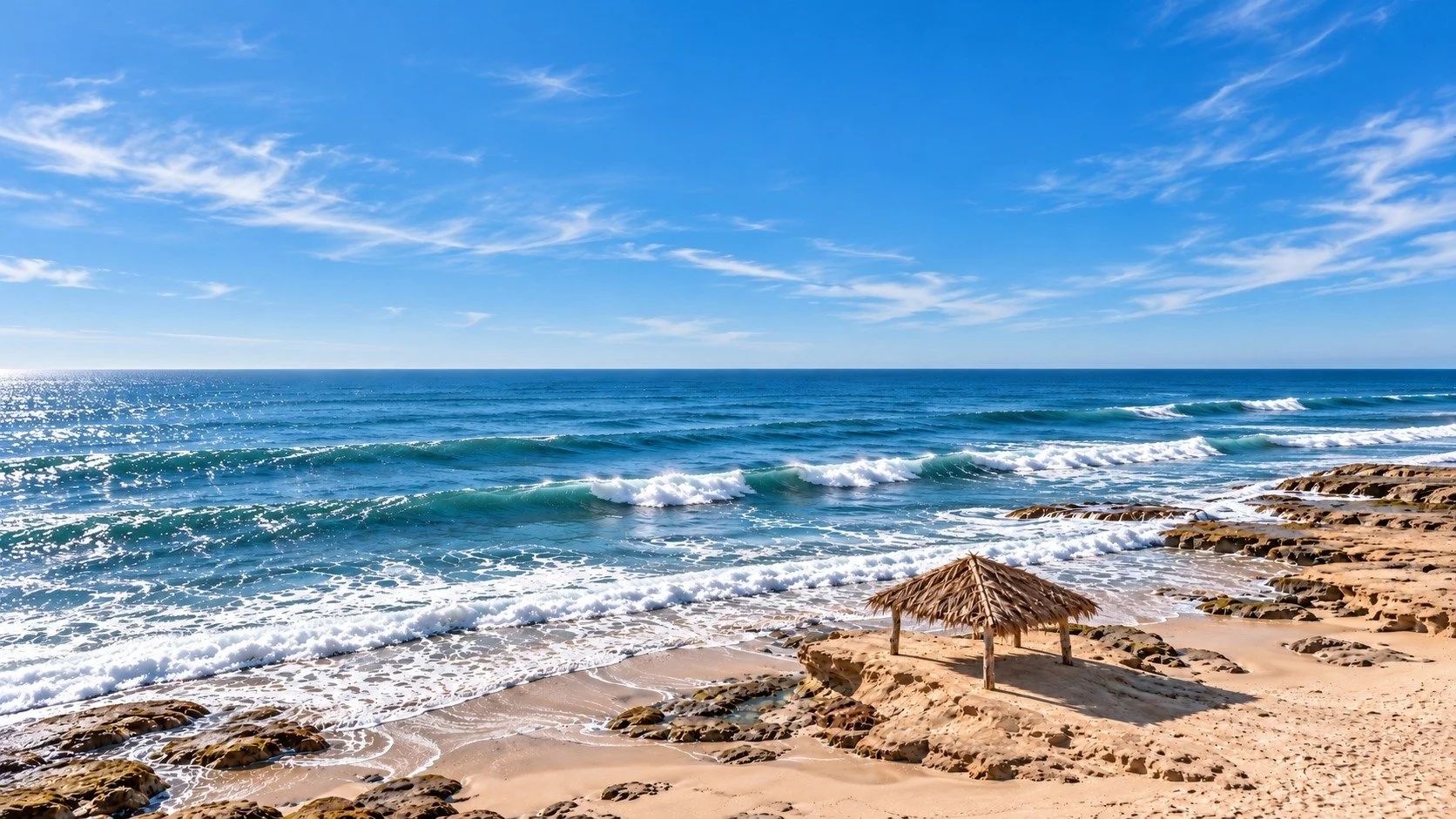 AI-generated view inspired by the Windansea surf shack, rocky beach and waves, with open blue sky.