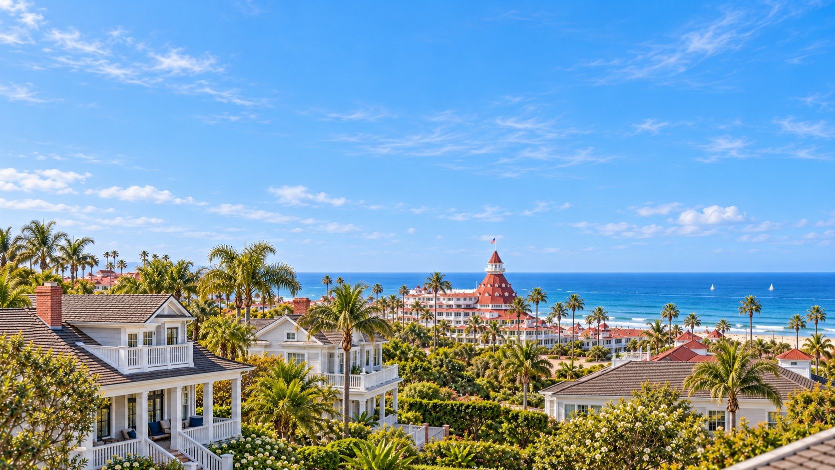 AI-generated view inspired by Hotel del Coronado and coastal homes, with expanded blue sky for the homepage banner.