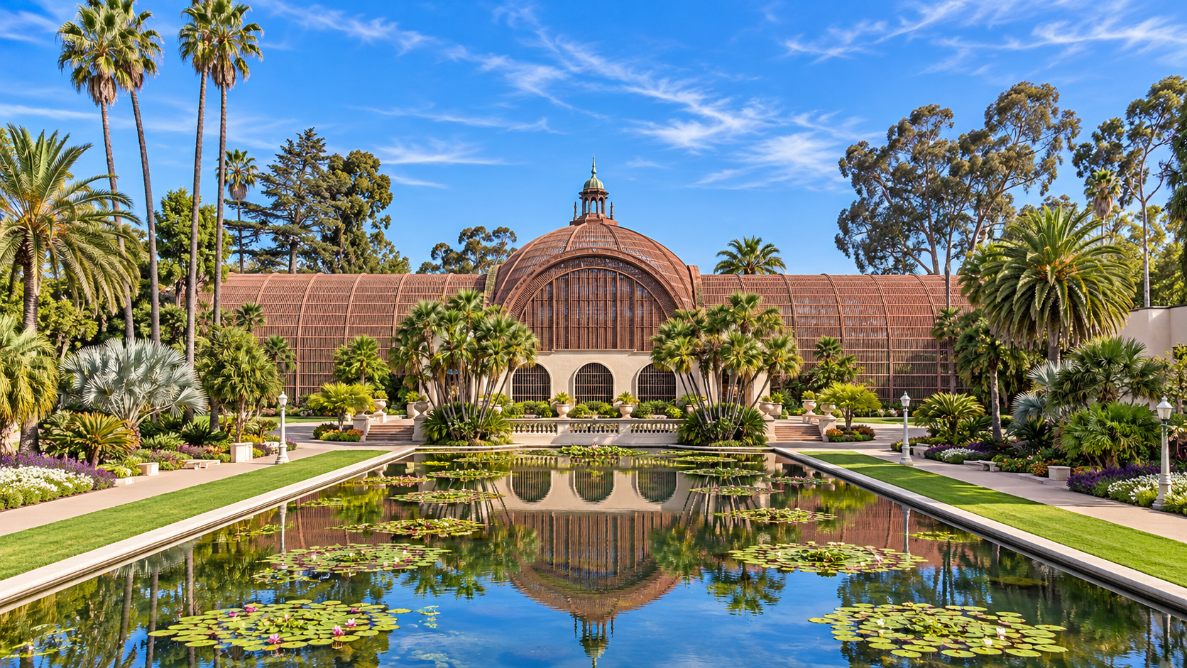 AI-generated view inspired by Balboa Park’s Botanical Building and lily pond, with blue sky and a slightly elevated viewpoint.