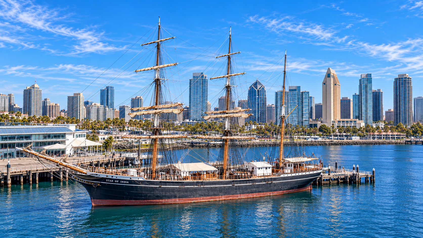 AI-generated elevated view inspired by the Star of India sailing ship and San Diego waterfront skyline, with blue harbor water and open sky.