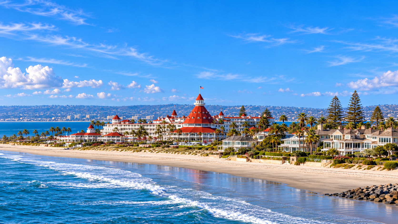 AI-generated view inspired by Hotel del Coronado, beachfront homes and the ocean, with expanded blue sky.