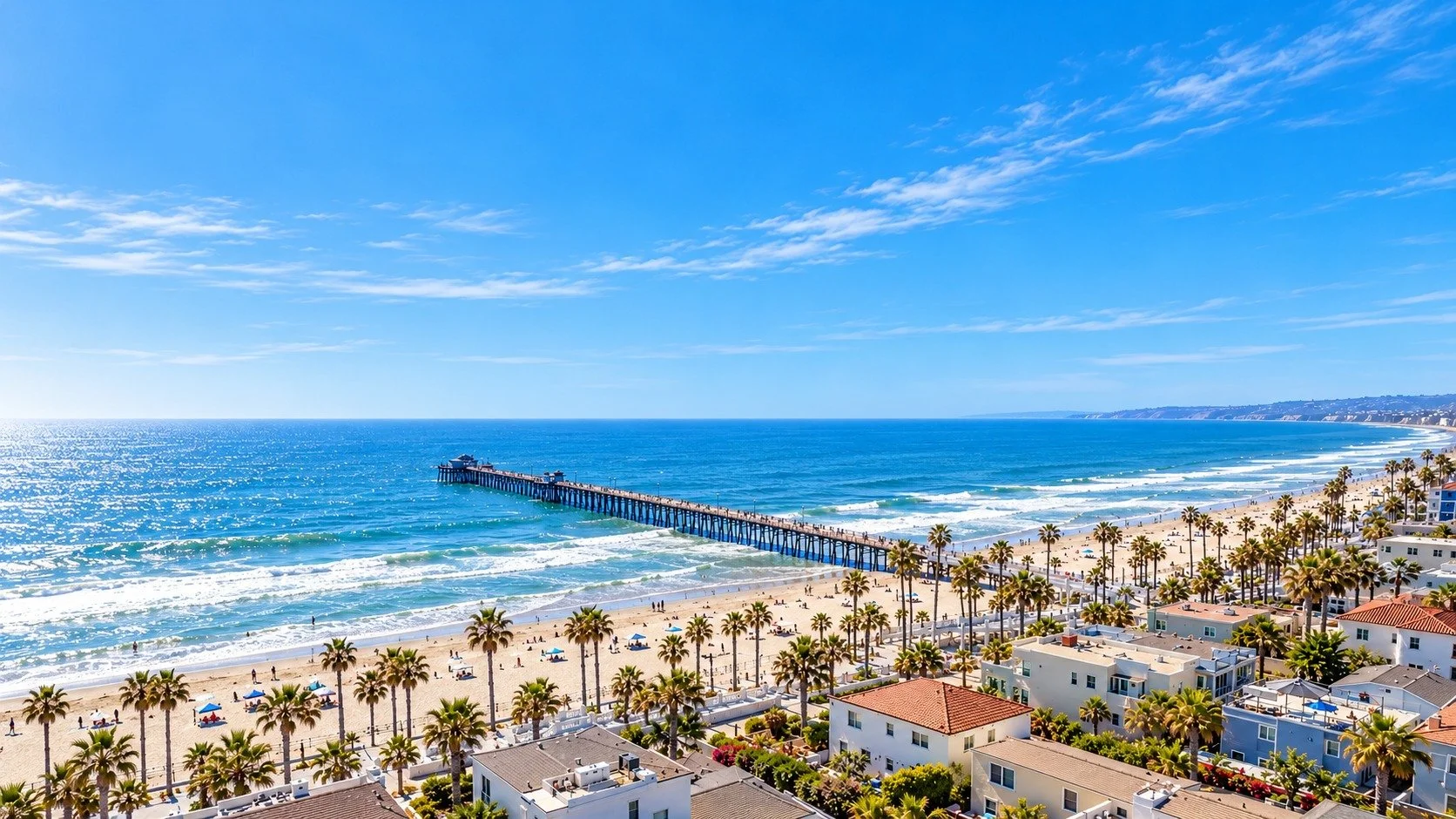 AI-generated elevated view inspired by Oceanside Pier and beachfront homes, with expanded blue sky.