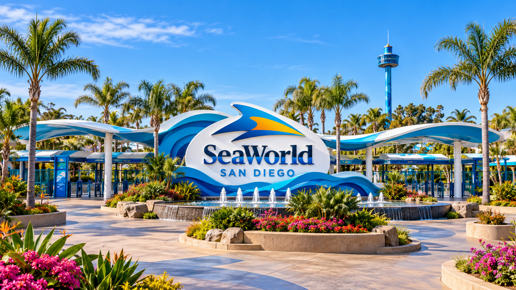 AI-generated illustrative SeaWorld San Diego entrance with a prominent sign, fountain, palm trees and blue sky.