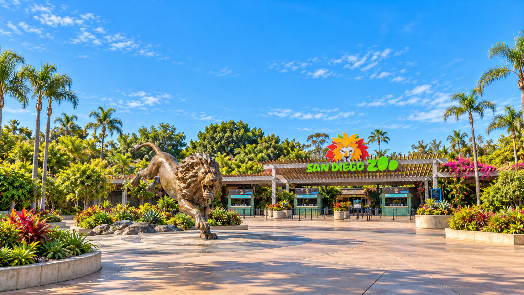 AI-generated view inspired by the San Diego Zoo entrance and bronze Rex lion sculpture, with a wide plaza view and blue sky.