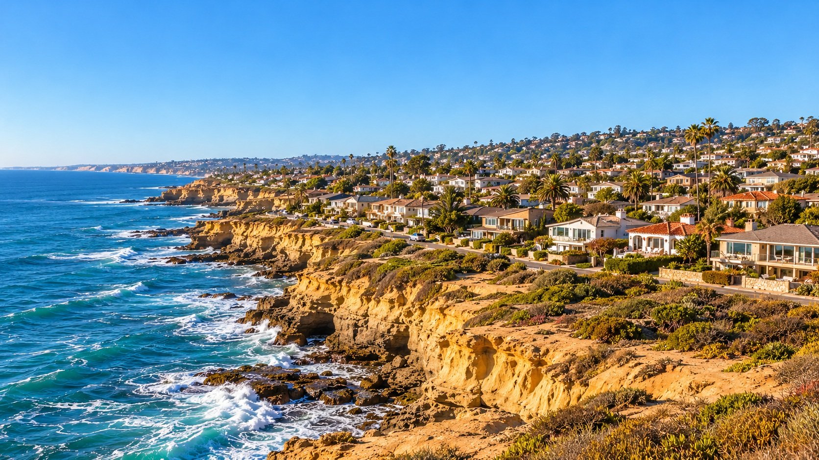 AI-generated view inspired by Sunset Cliffs, with coastal homes along the bluffs and up the Point Loma hillside, blue ocean, and open sky.