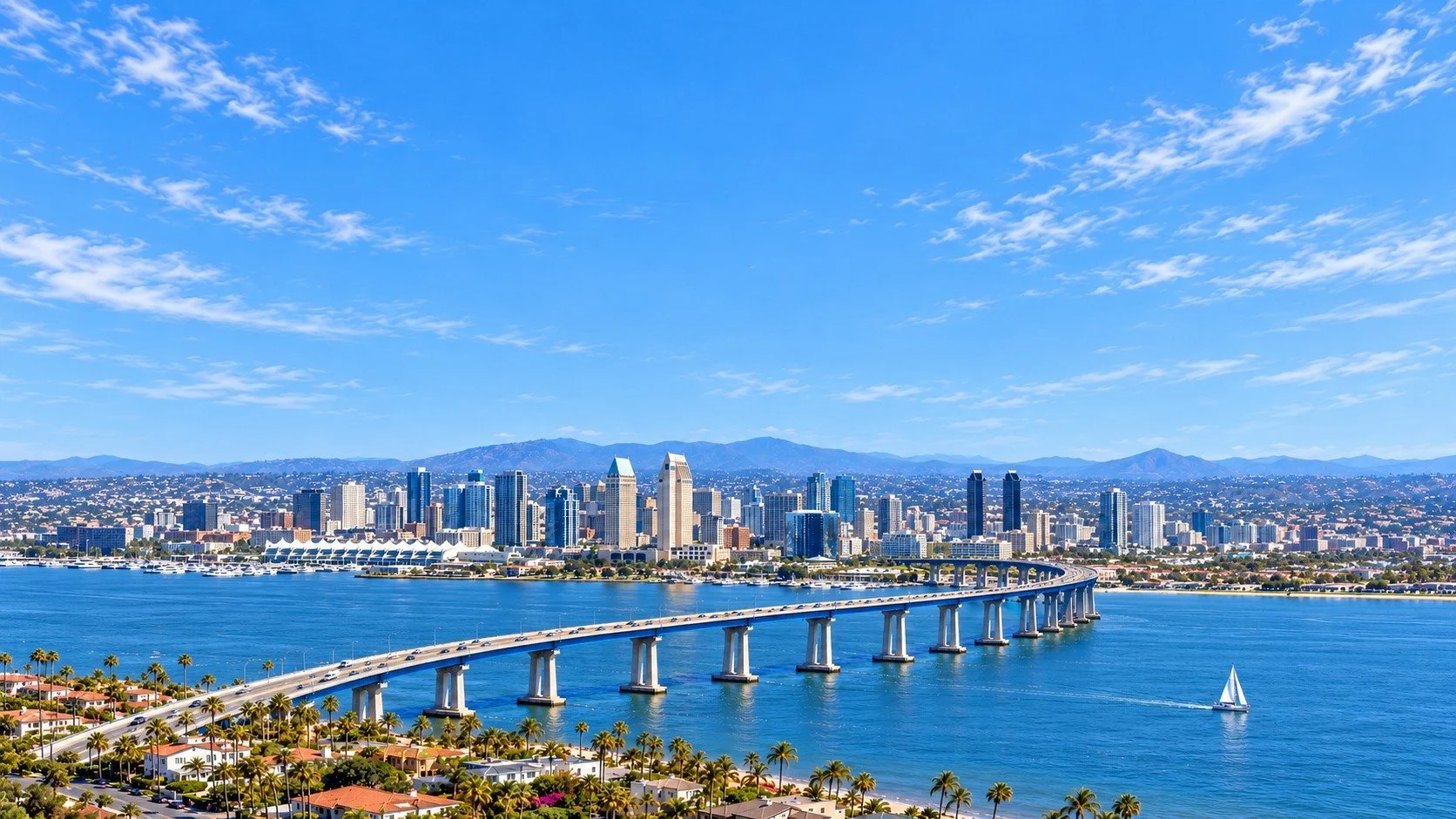 AI-generated aerial view inspired by Coronado Bridge and downtown San Diego, with waterfront homes and expanded blue sky.