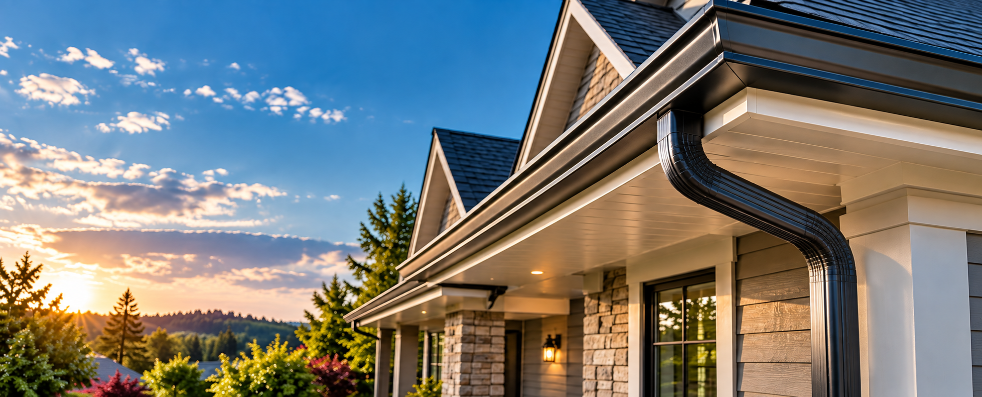 Modern home exterior with a black seamless gutter system installed along the roofline.