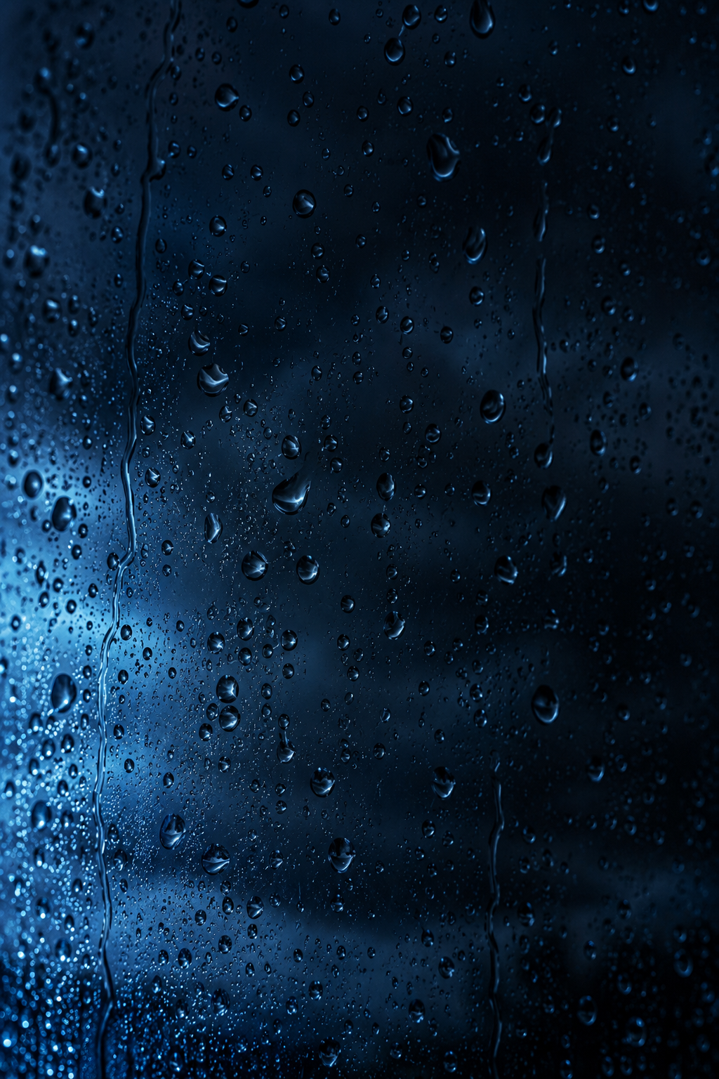 Rain droplets on deep navy glass with subtle blue light