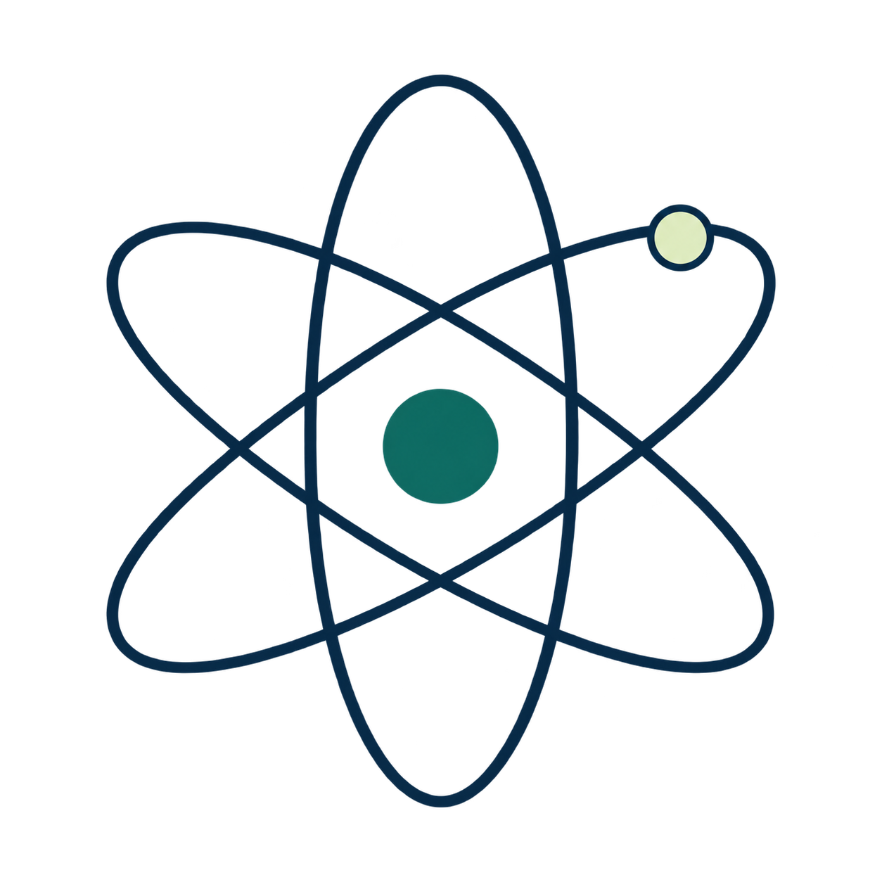 Stylized atom illustration with orbiting electrons around a nucleus