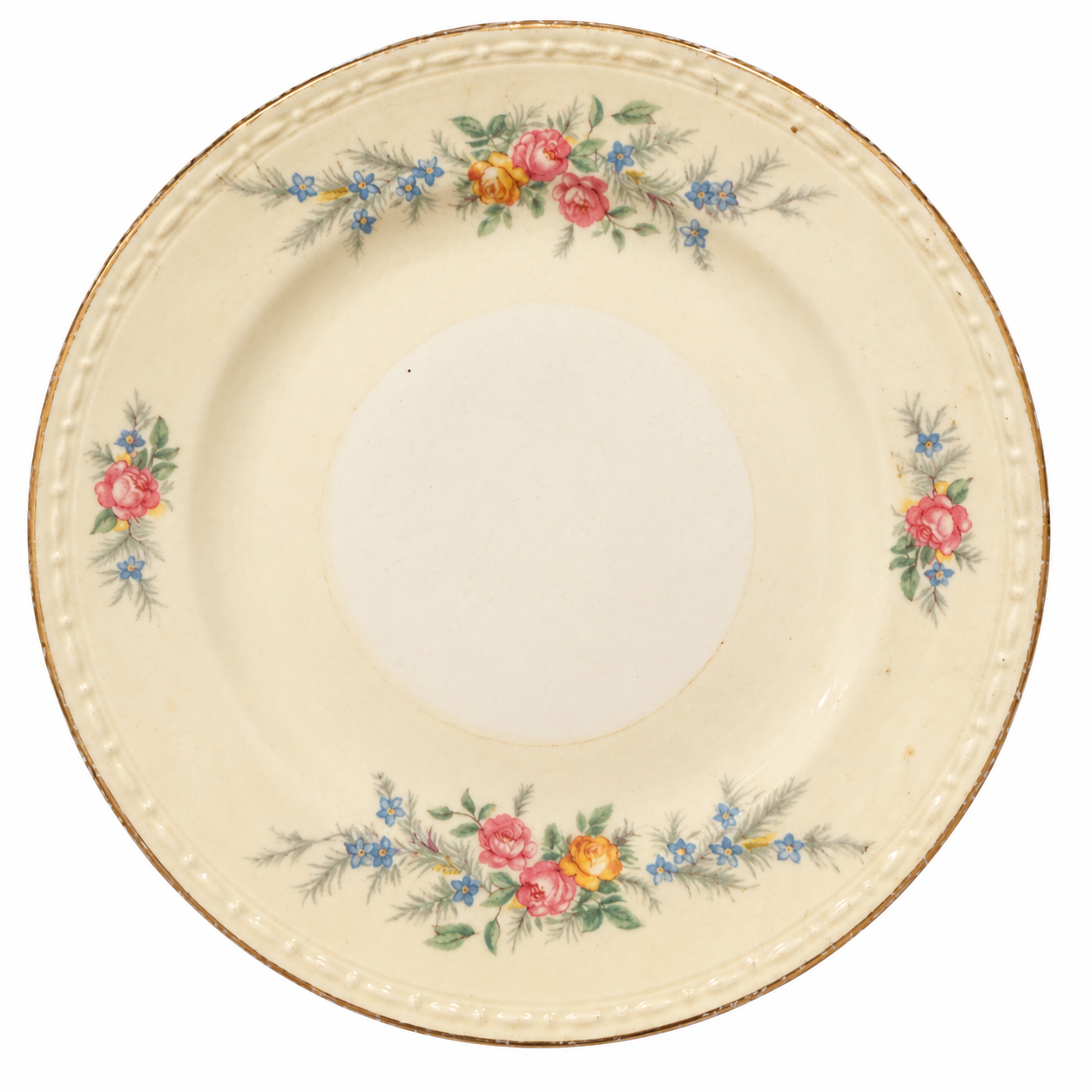 1949 Homer Laughlin Eggshell Georgian Cashmere floral dinner plate with pink and yellow roses, blue flowers and worn gold trim.