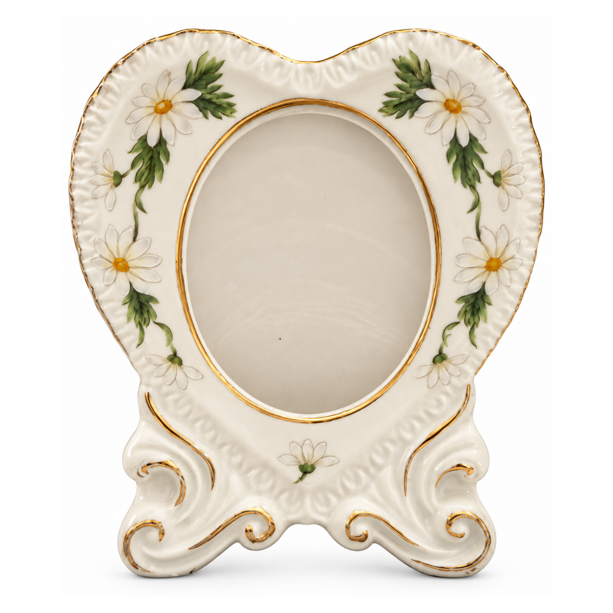 Vintage Lefton No. 1375 porcelain picture frame made in Japan with white daisies, green leaves, and gold trim.