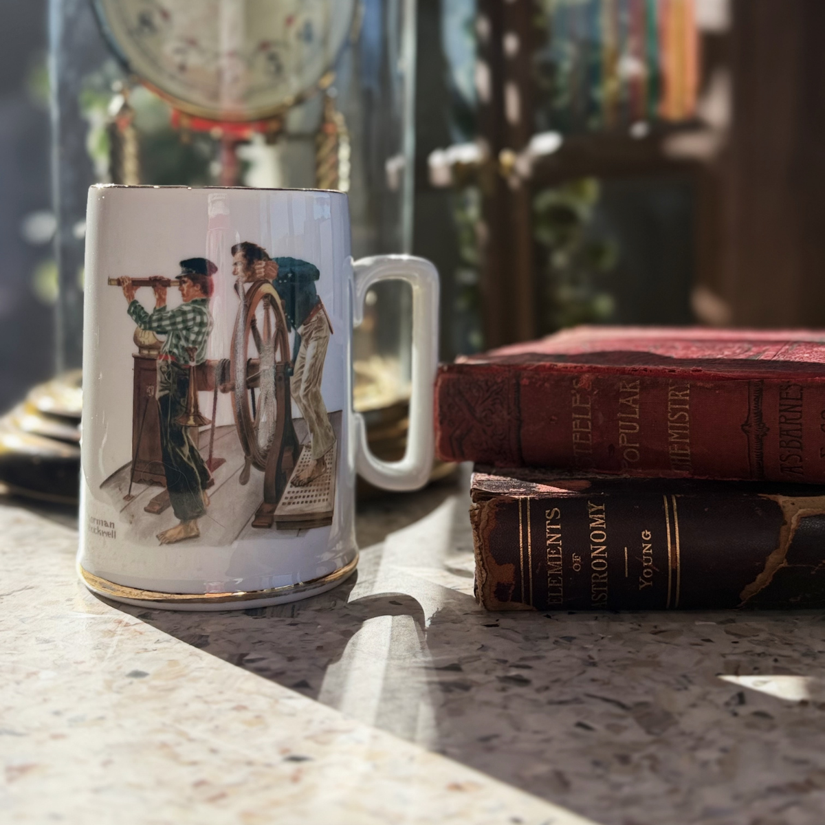 Vintage 1985 Norman Rockwell River Pilot porcelain tankard from the Long John Silver’s Seafarers Collection with gold trim.