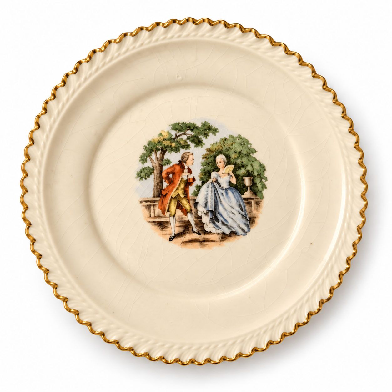 Vintage Harker Pottery Colonial Couple Plate with 22 KT Gold Trim