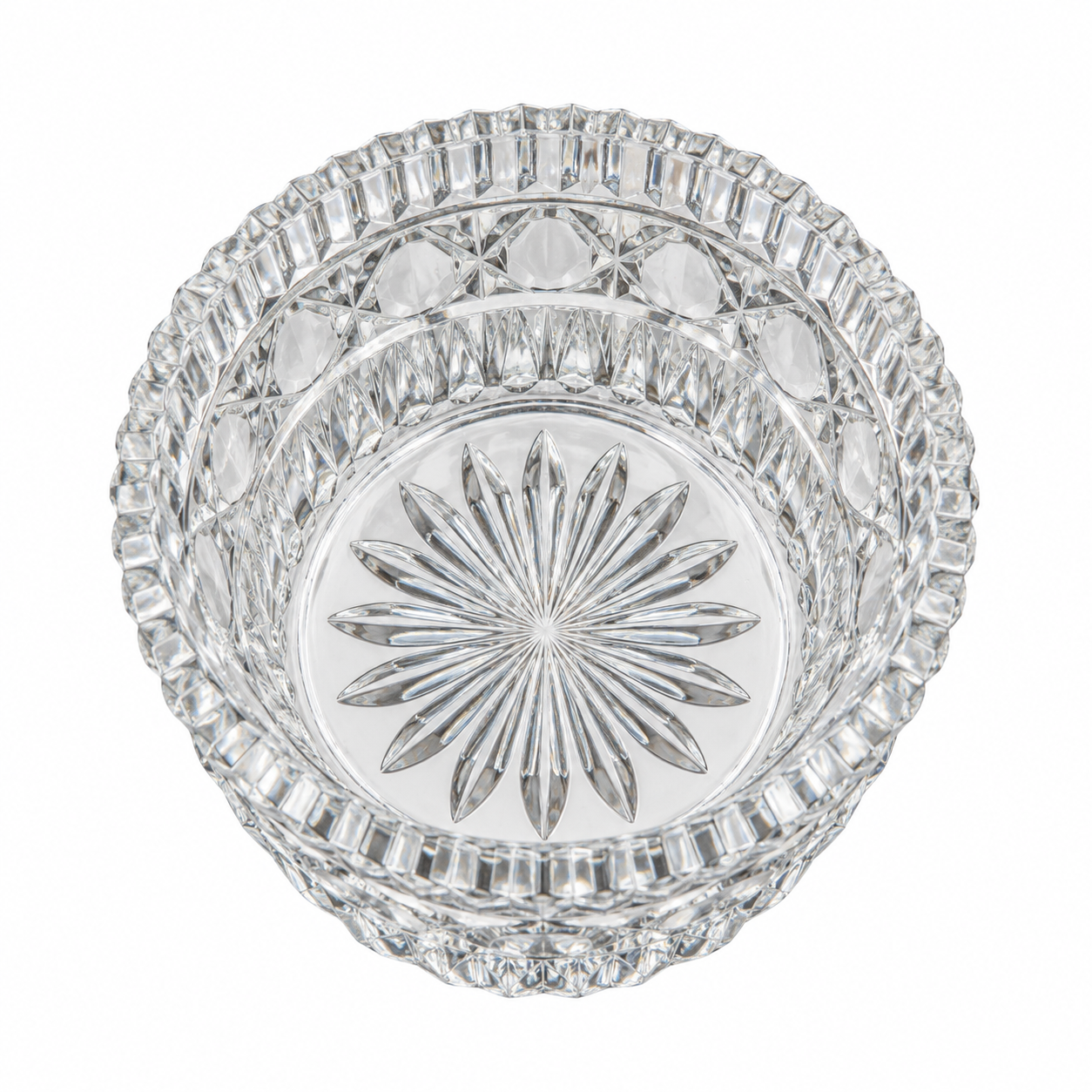 Vintage Federal Glass Windsor Clear Button and Cane open sugar bowl with ribbed rim and starburst base.