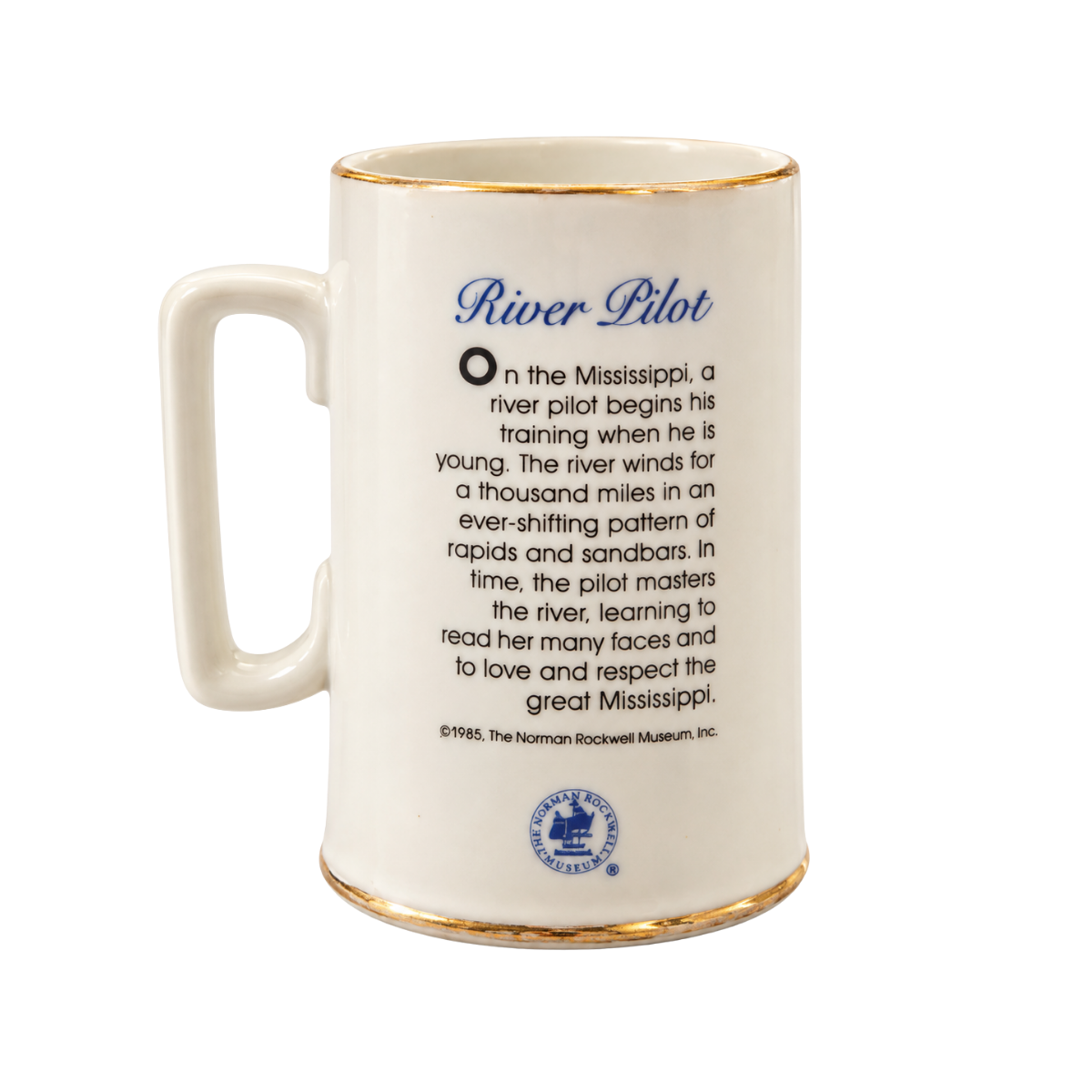Vintage 1985 Norman Rockwell River Pilot porcelain tankard from the Long John Silver’s Seafarers Collection with gold trim.