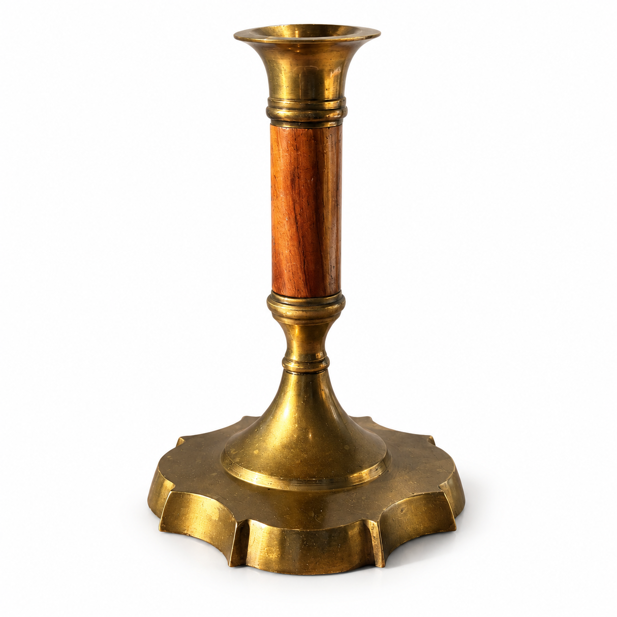 Brass & Wood Taper Candlestick with Scalloped Base