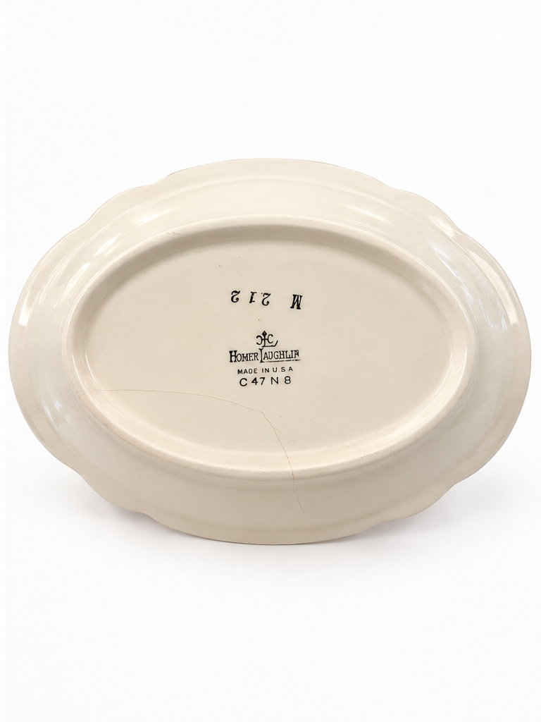 1947 Homer Laughlin Marsh Bouquet M-212 Marigold oval floral serving bowl with platinum trim.