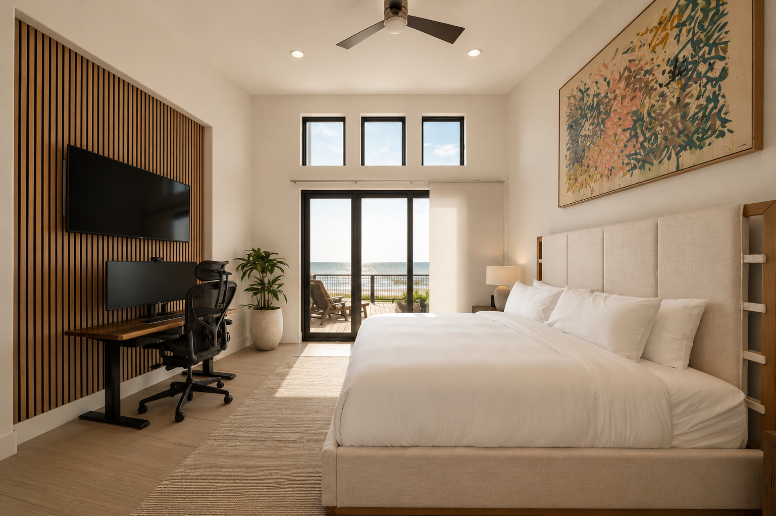 Modern bedroom with large bed, artwork above headboard, sliding glass door leading to balcony with ocean view, small sitting area outside, potted plant, ceiling fan, and flat-screen TVs.