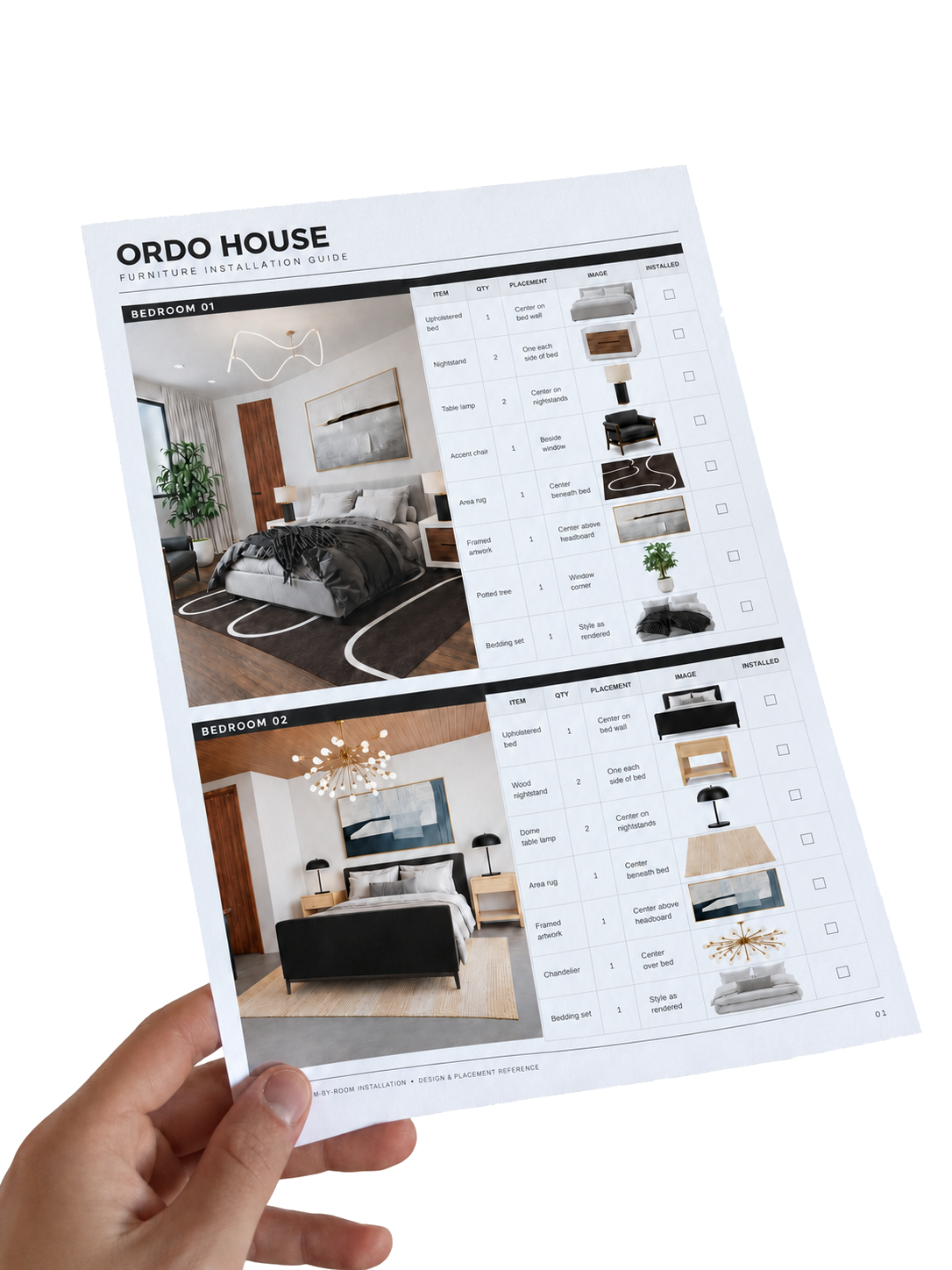 A person holding a printed furniture installation guide with images and checklist for bedroom 1 and bedroom 2, featuring interior design layouts and furniture arrangements.