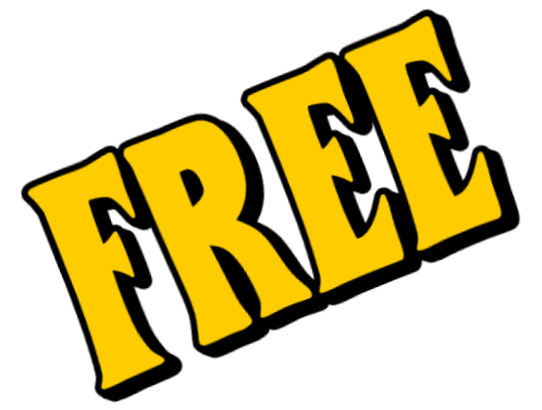 The word 'FREE' in large, bold yellow letters with a black outline on a black background.