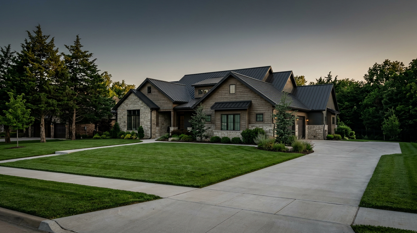 A modern house with a stone and wood exterior, surrounded by a well-maintained lawn and trees, under a cloudy sky.