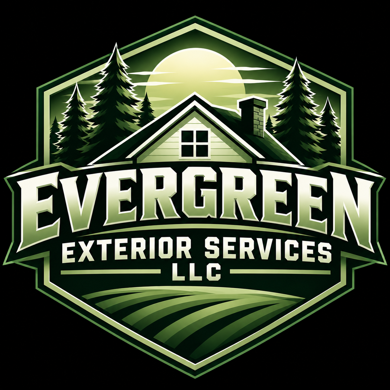 Logo for Evergreen Exterior Services LLC featuring a house surrounded by pine trees with a full moon in the background.