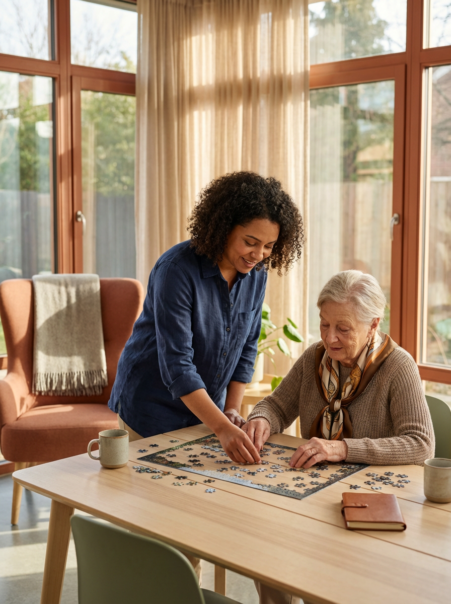 A young woman helping an elderly woman assemble a jigsaw puzzle at a wooden table in a sunlit room with large windows and beige curtains.