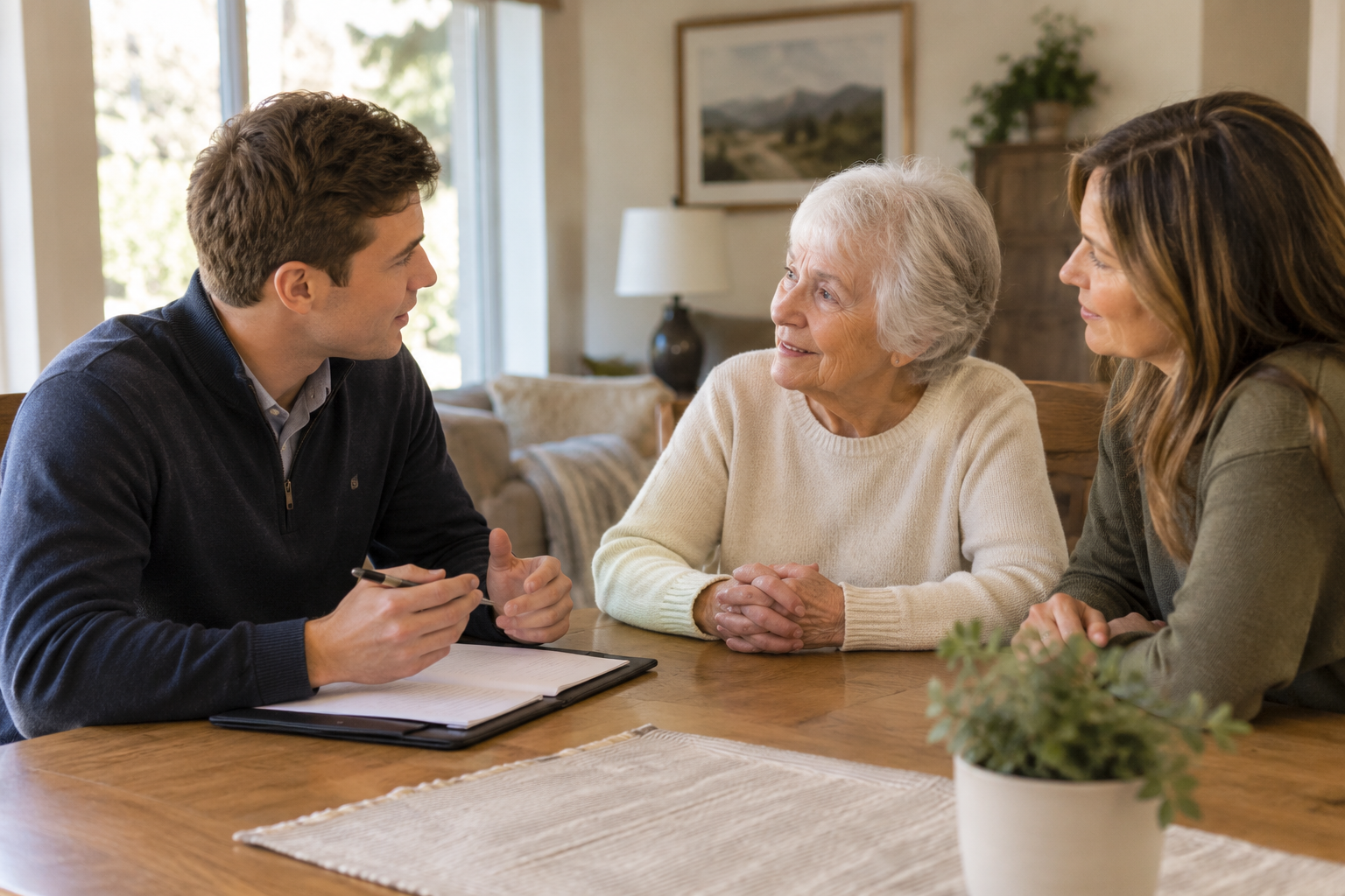 A young man talking to an elderly woman and a middle-aged woman, sitting at a dining table in a cozy, well-lit home.