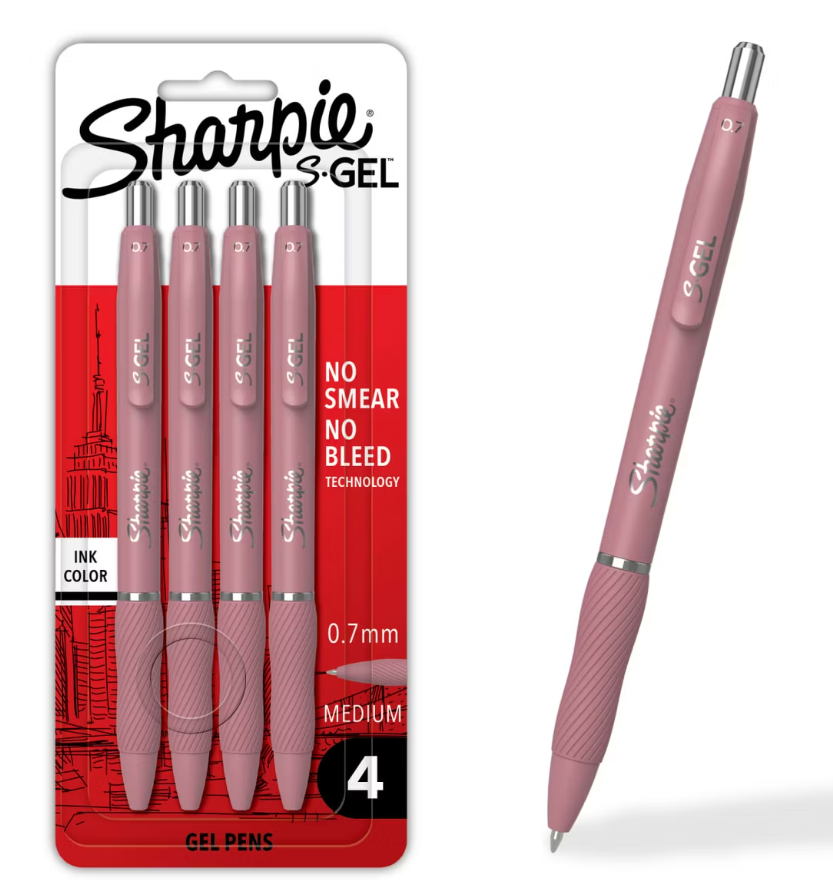 A pack of four Sharpie S.GEL ink gel pens with pink barrels, displaying the brand name and features such as no smear, no bleed, and medium 0.7mm tip. One pen is shown outside the pack.