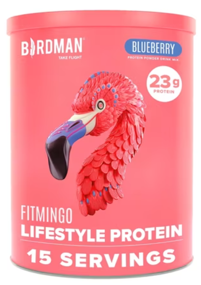 A pink container of Birdman Fitmingo Lifestyle Protein in blueberry flavor, featuring a flamingo graphic, with 23 grams of protein per serving and 15 servings in total.