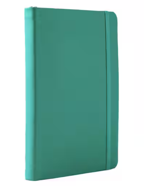 Teal-colored hardcover notebook with rounded corners and an elastic band closure.