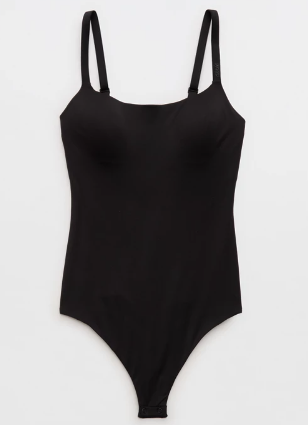 Black one-piece swimsuit with adjustable shoulder straps on a white background.