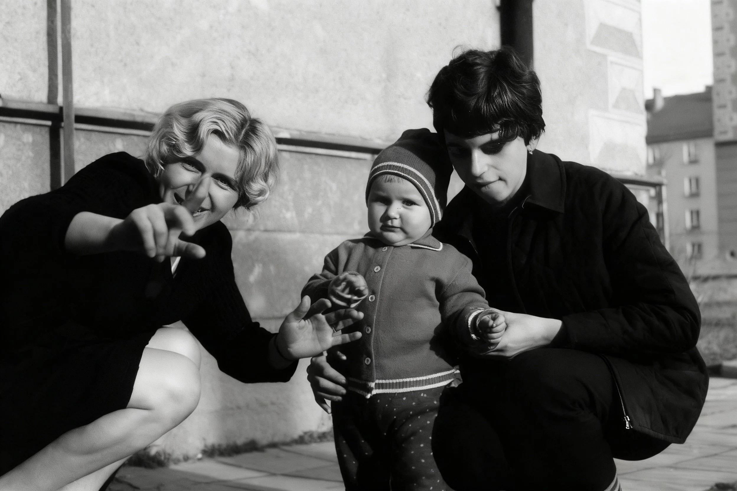Black-and-white photograph of two women crouching beside a small child outside a building.