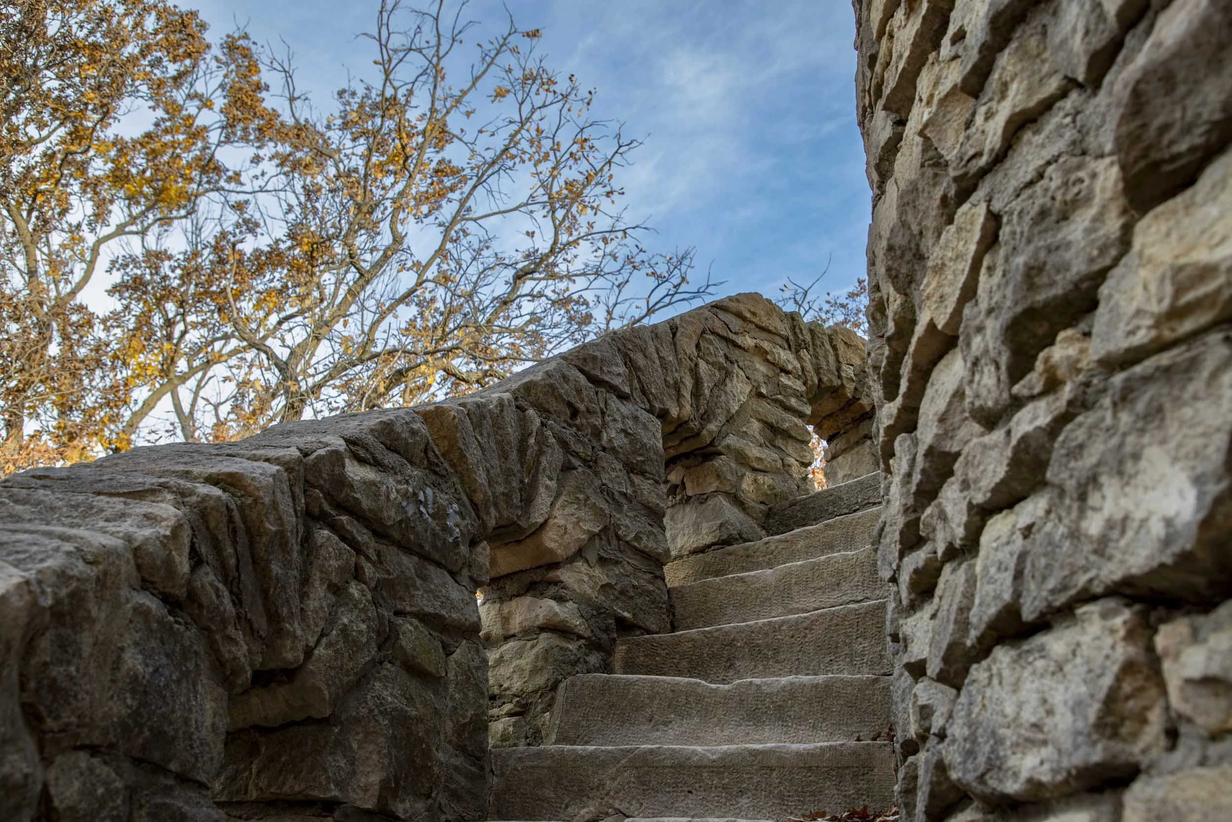 Stone stairs to the top level of Clarks Tower