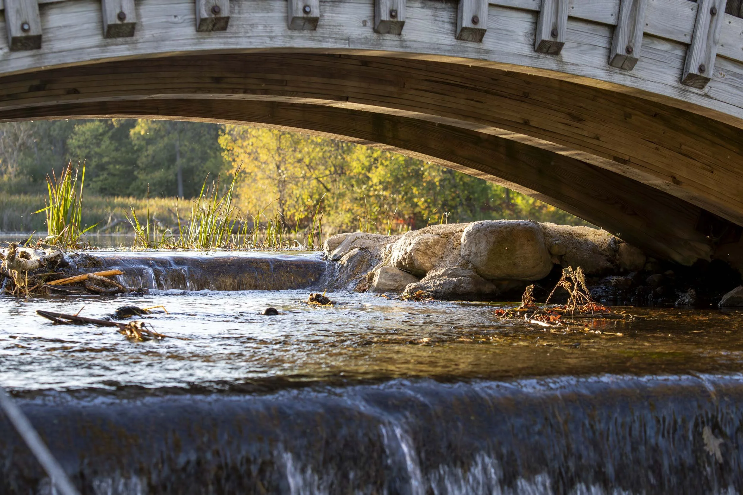A rocky stream cascading beneath a wooden bridge.