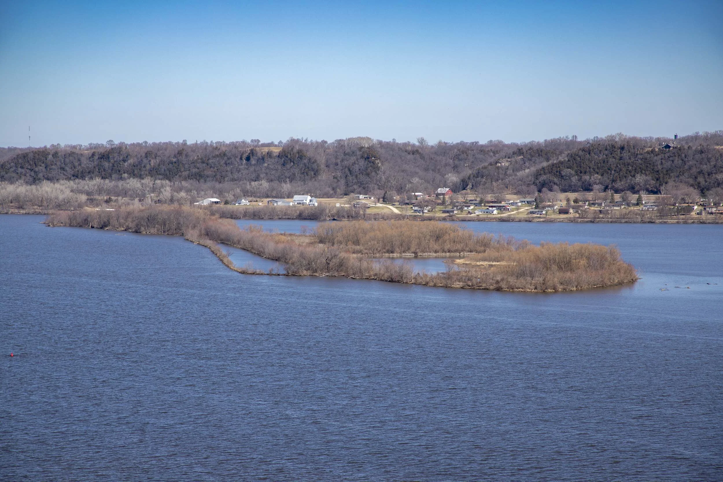a large body of water surrounds a small peninsula