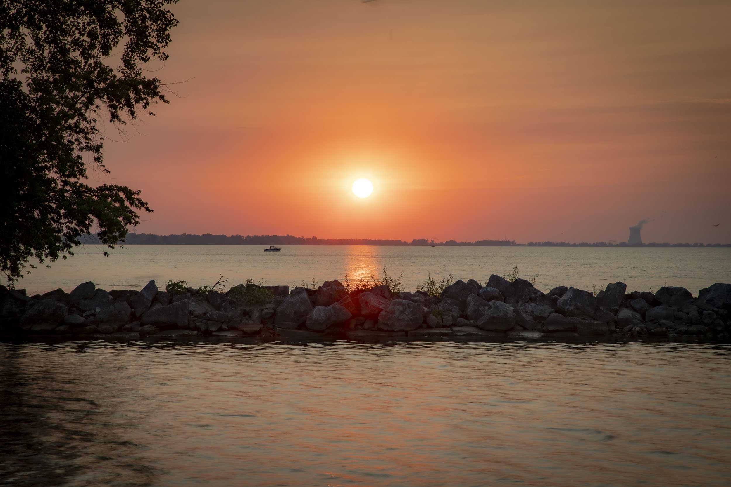 Orange sunset over calm water behind a rocky breakwater, framed by a leafy tree.