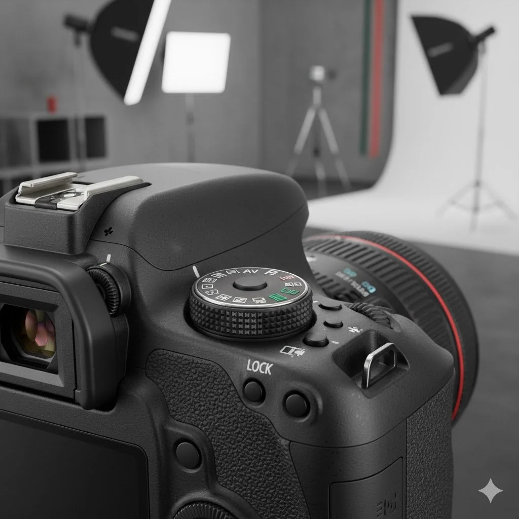 Close-up of a professional DSLR camera on a photography studio set, with studio lights, a white background, and a tripod in the background.