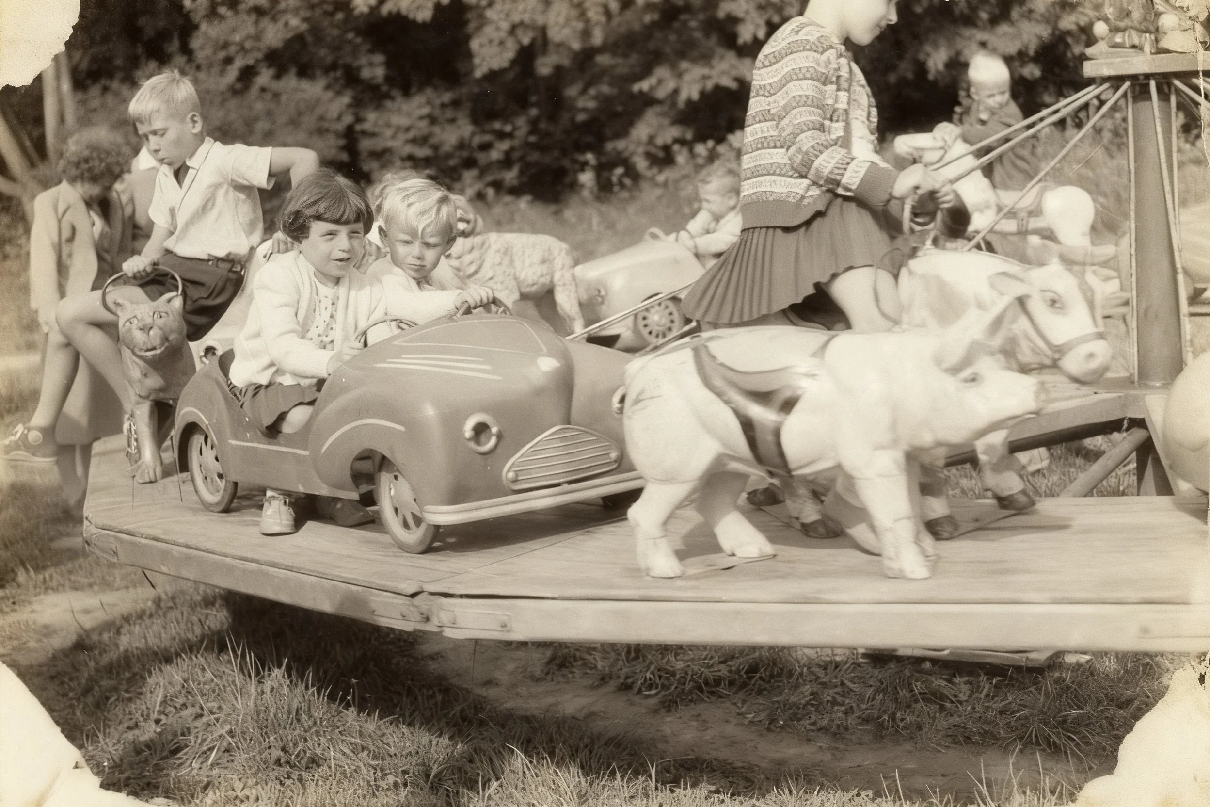 Sepia-toned photograph of children riding a small carousel with toy cars and horses.
