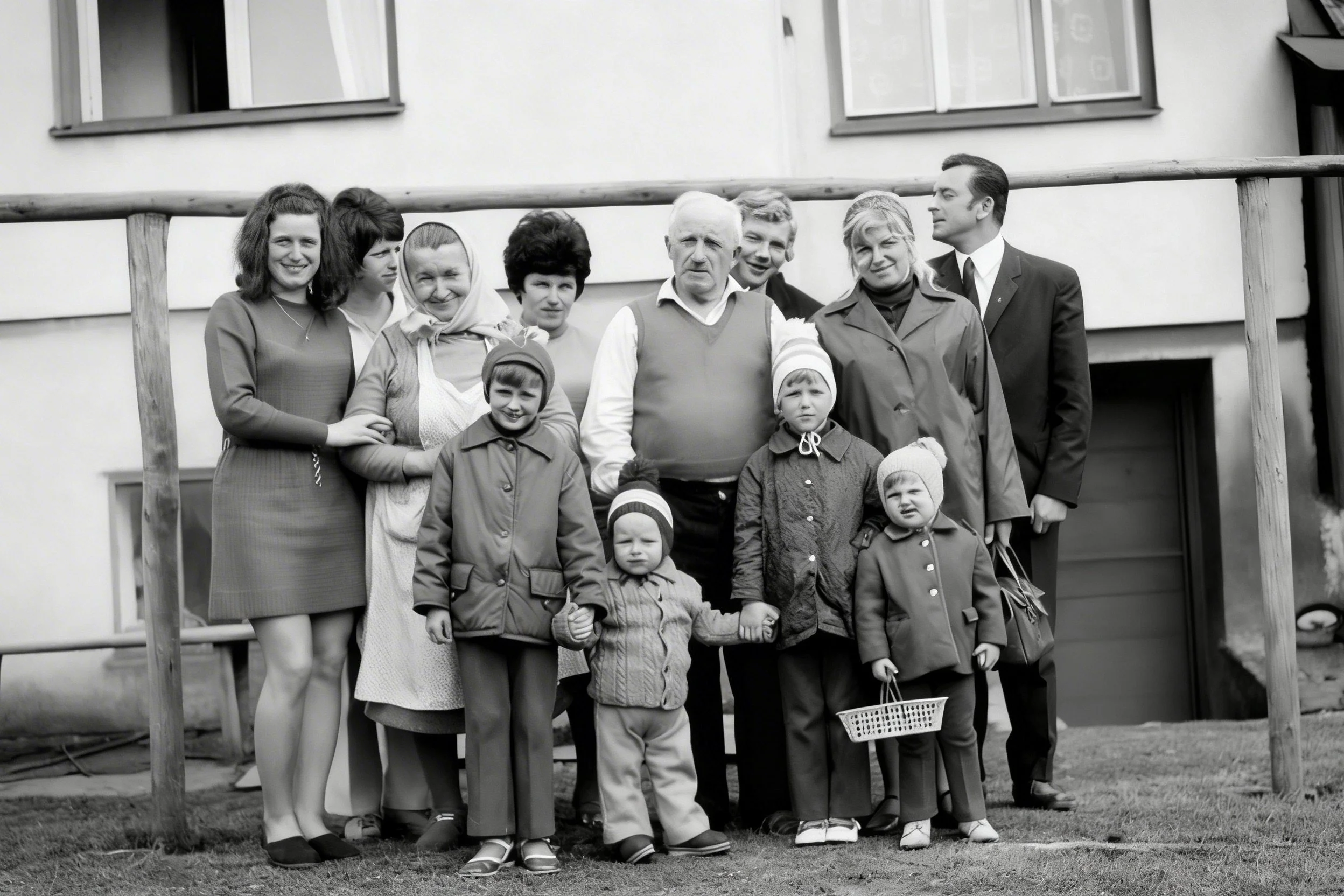 Black-and-white group portrait of adults and children standing outside a house.