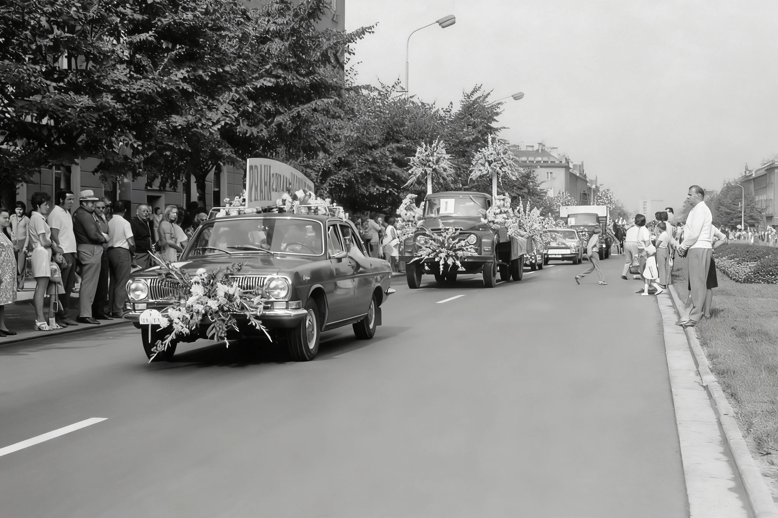 Black-and-white photograph of decorated cars driving along a street lined with spectators.
