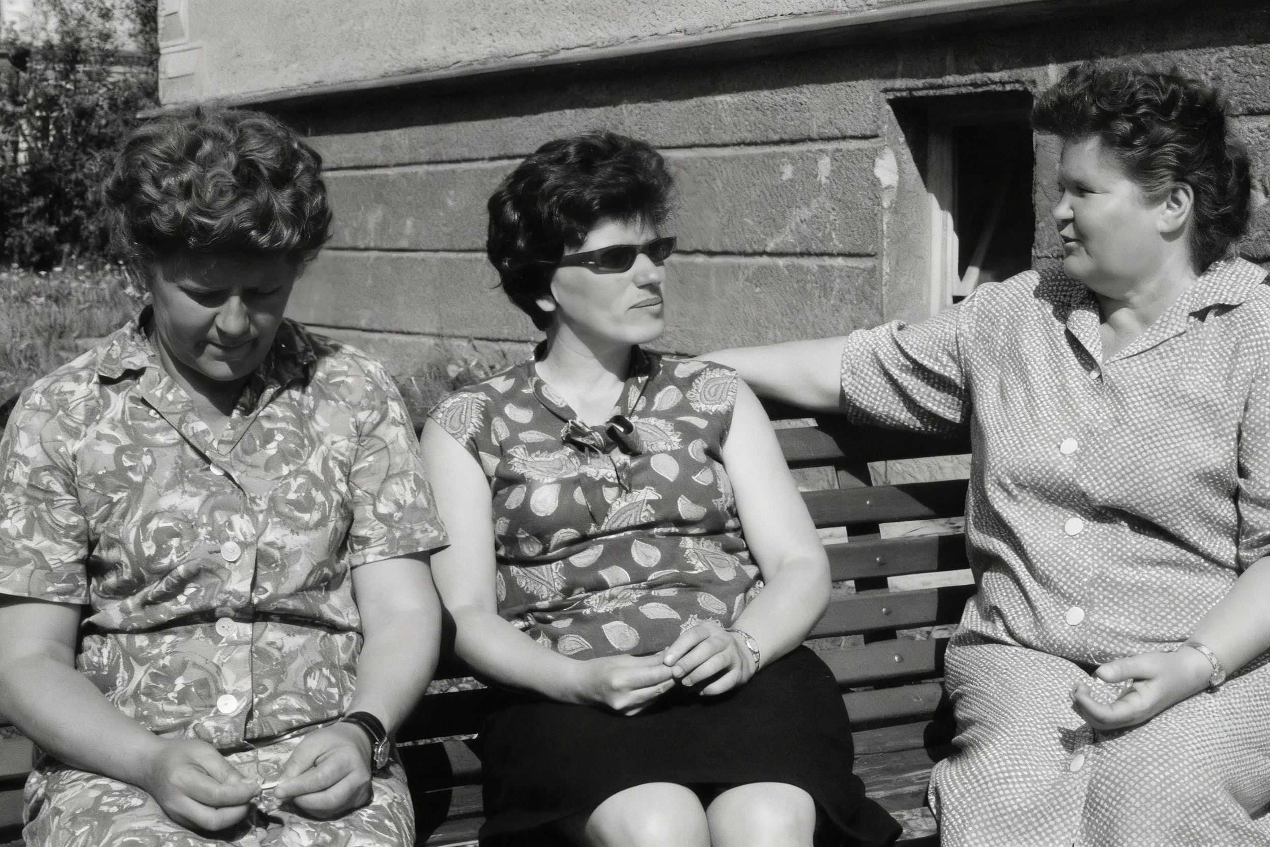 Black-and-white photograph of three women sitting together on a bench outside a building.