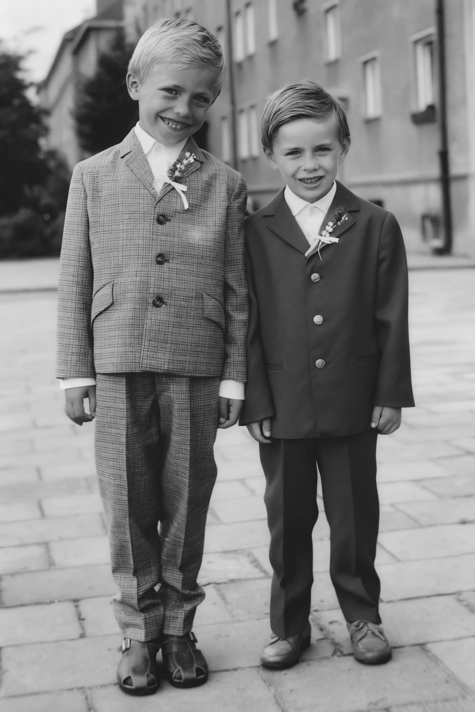 Black-and-white photograph of two boys in suits standing together on a paved street.