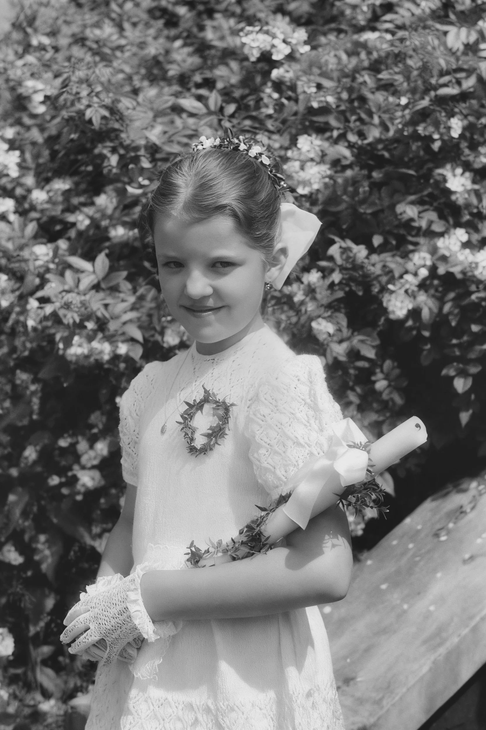 Black-and-white photograph of a girl wearing a dress and gloves, holding a rolled document beside flowering shrubs.