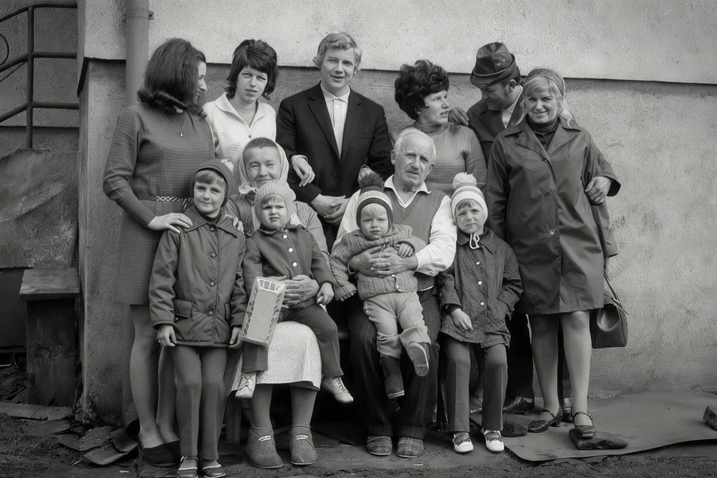 Black-and-white group portrait of adults and children gathered around a seated man outside a house.