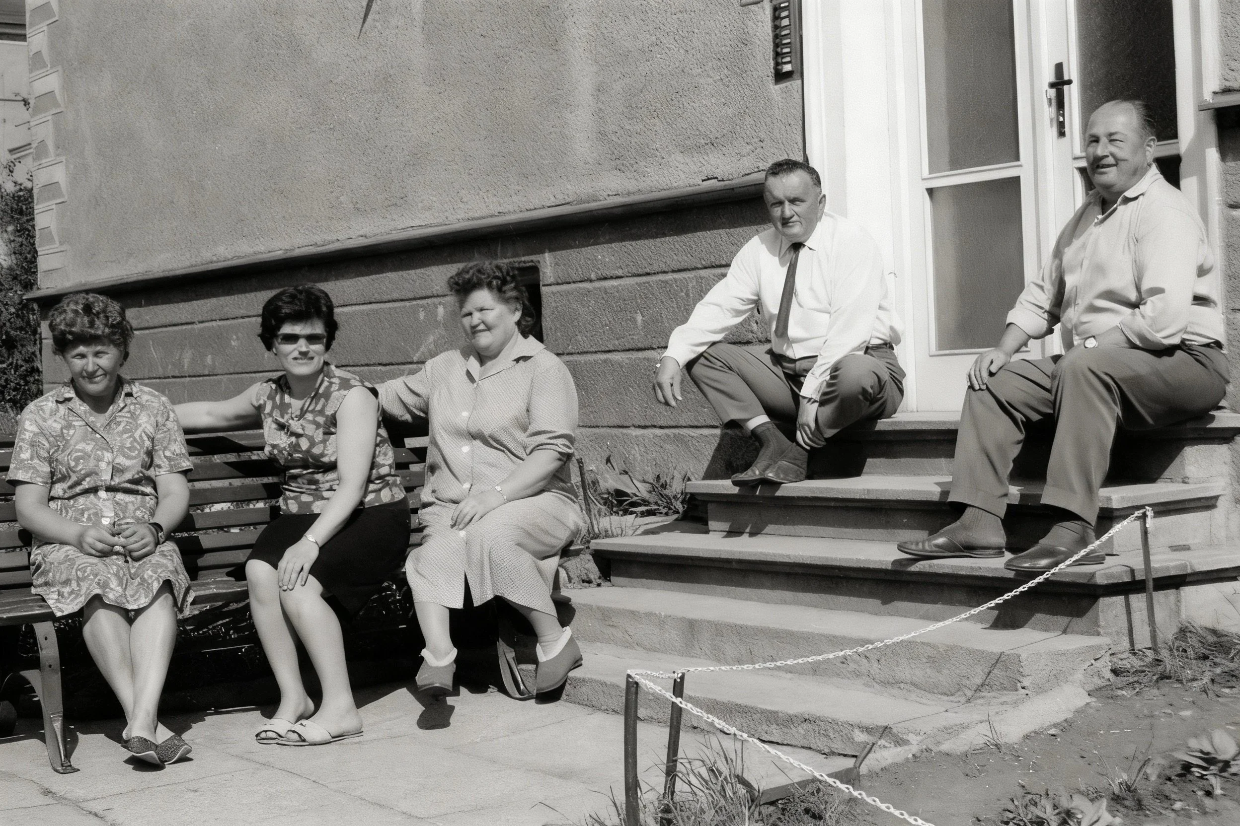 Black-and-white photograph of three women on a bench and two men on steps outside a building.