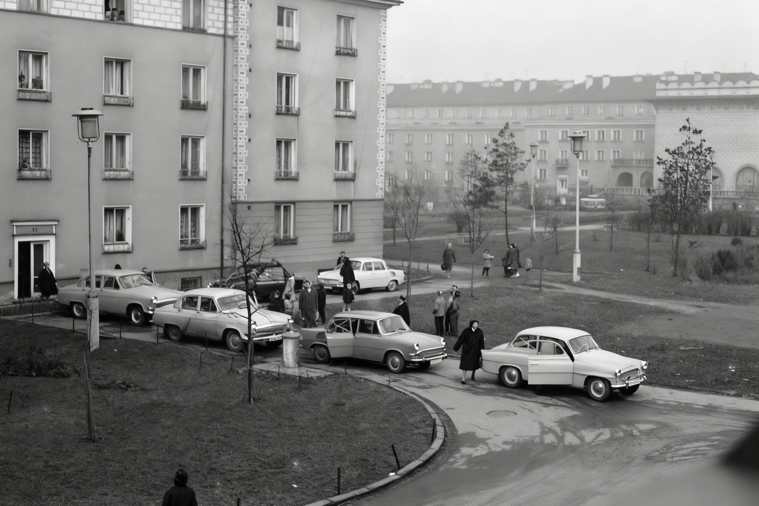 Black-and-white view of parked cars and people outside apartment buildings.