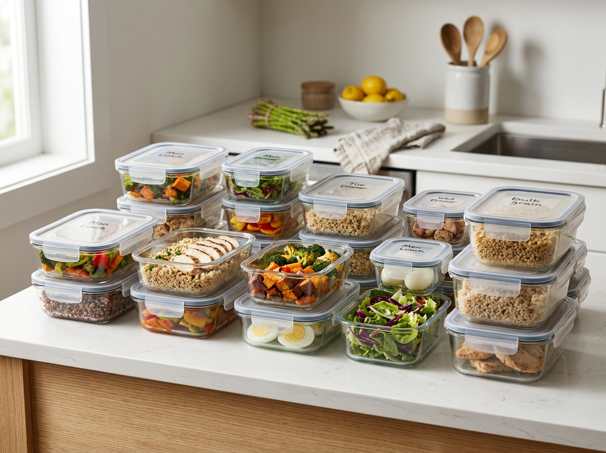 Stacked plastic food storage containers with various salads, grains, and boiled eggs on a kitchen counter near a window.